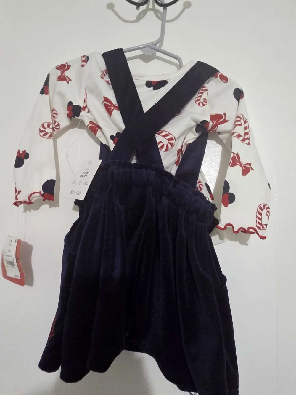 Disney Minnie Mouse  Navy Velvet Suspender Skirt with White Red-Bow Print Top